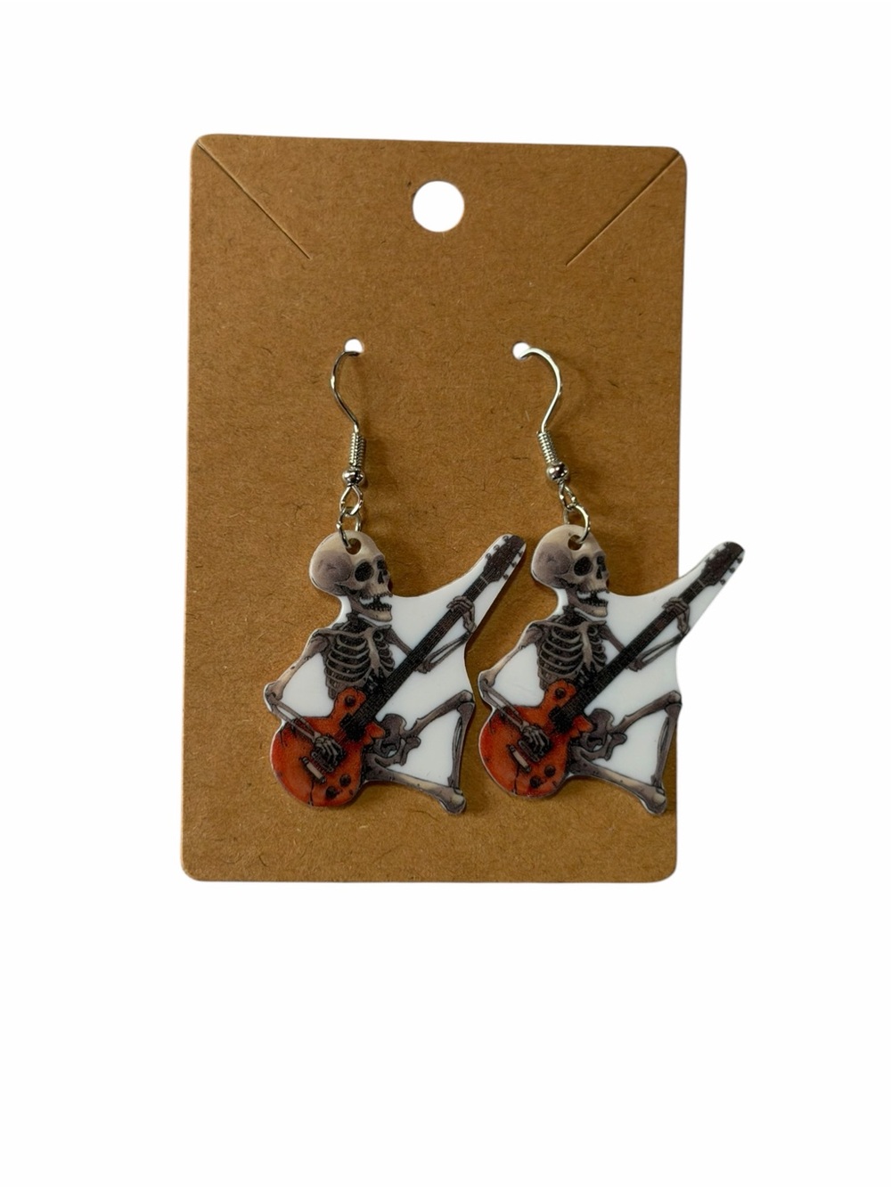 Skeleton Guitar Dangle Earrings - Orange/White